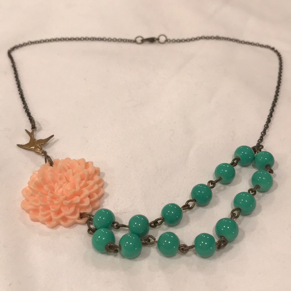 Bird Flower Teal and Pink Necklace w/ Bronze Chain